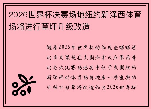 2026世界杯决赛场地纽约新泽西体育场将进行草坪升级改造