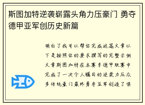 斯图加特逆袭崭露头角力压豪门 勇夺德甲亚军创历史新篇